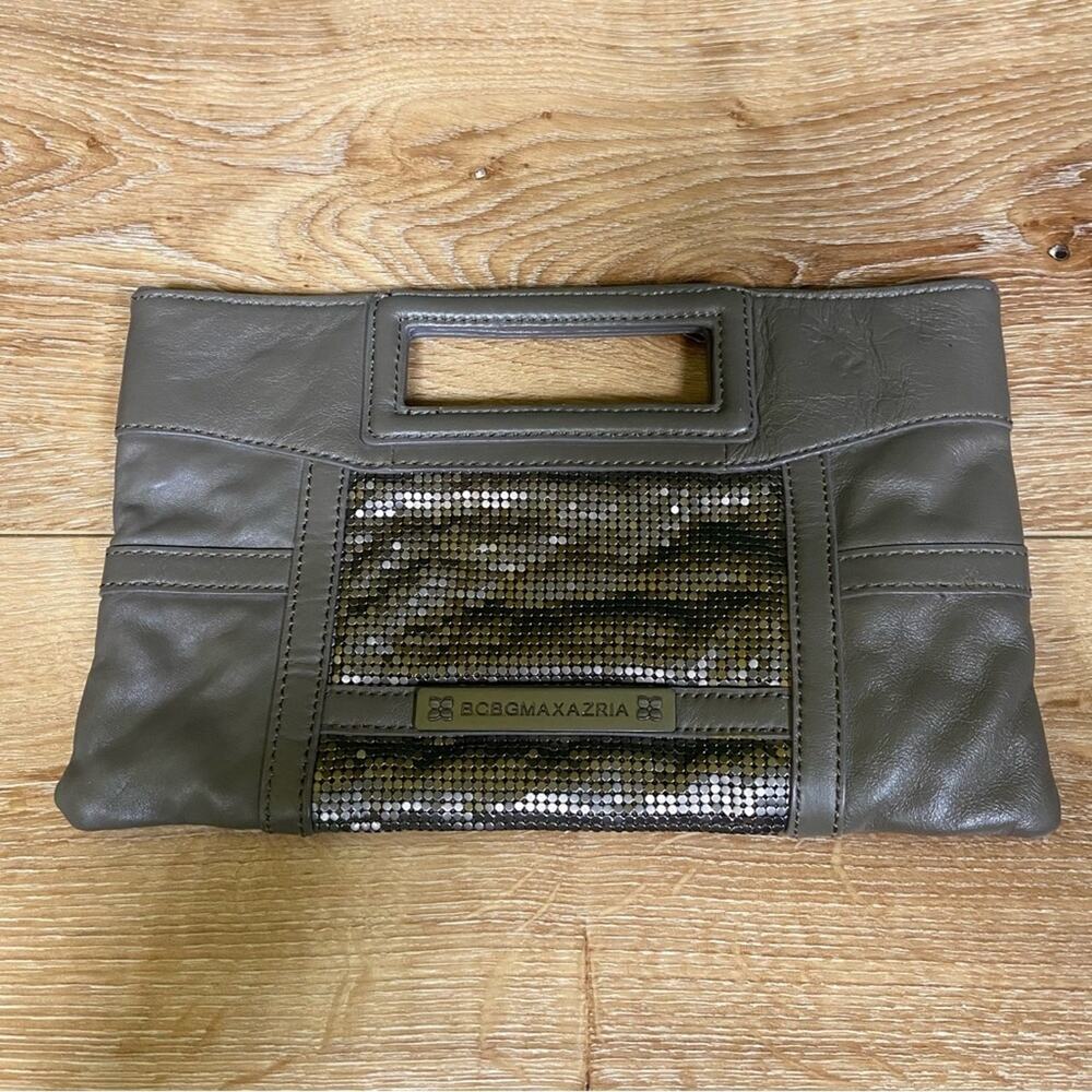 BCBGMaxAzria Leather and Chain Mail Clutch Purse Gray BCBG